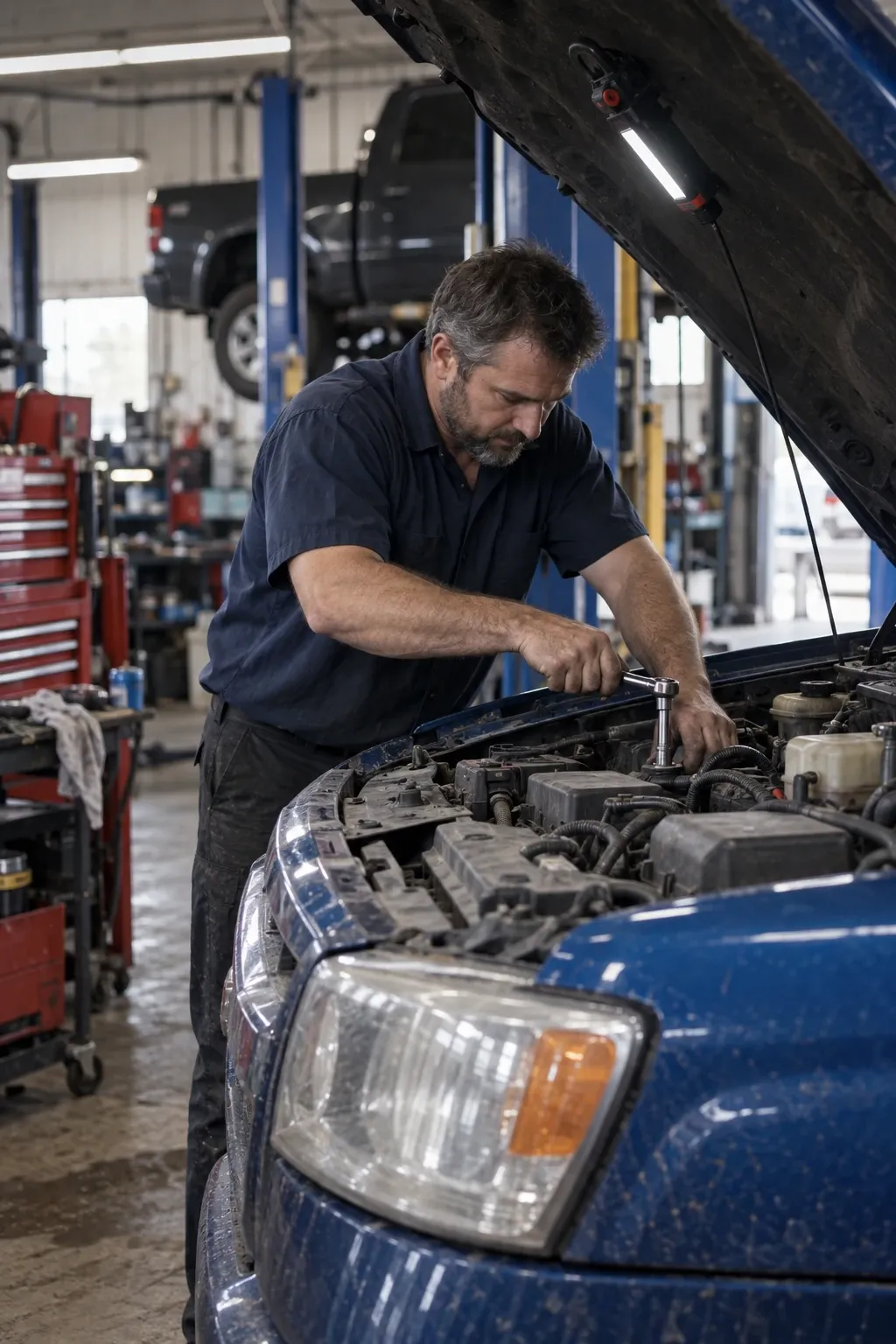 Mechanic using a ratchet on a truck engine